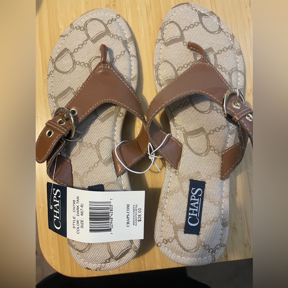 Brand New Never Worn Womens Dark Tan Chaps Sandals with Gold Buckle size 7-8